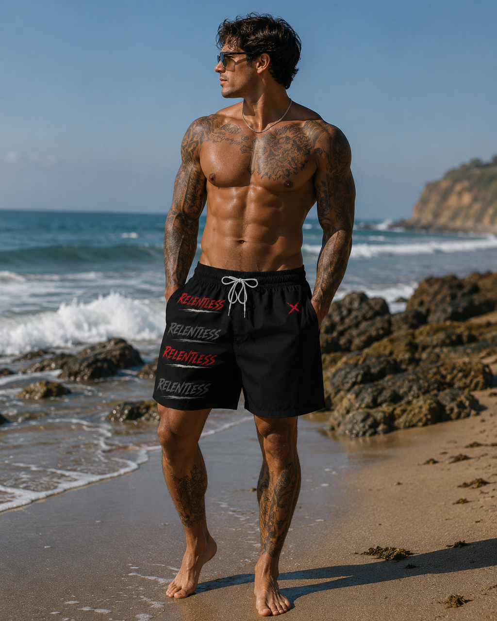 Relentless Swim Shorts — Men's Mid-Length Black Athletic Swim Trunks
