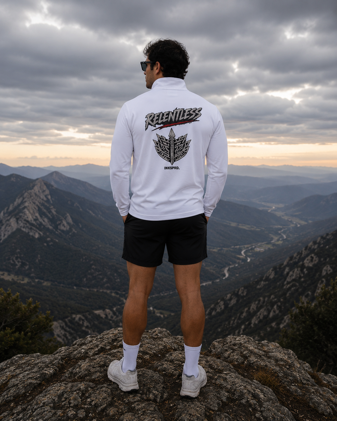 Relentless Quarter-Zip Pullover — Minimal Cactus Chest Logo & Bold Back Graphic