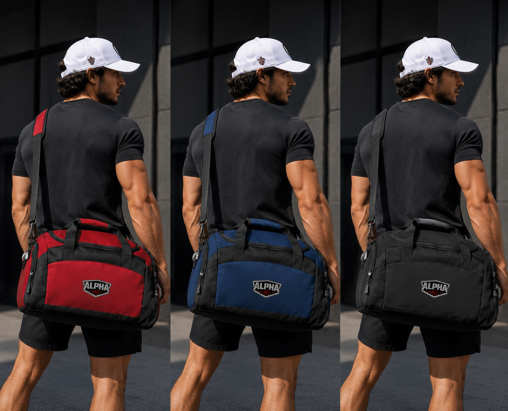 Alpha Emblem Gym Bag — Durable Black Workout Duffle