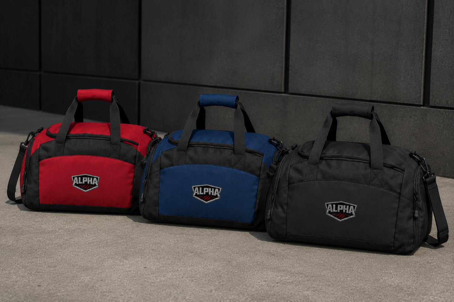 Alpha Emblem Gym Bag — Durable Black Workout Duffle