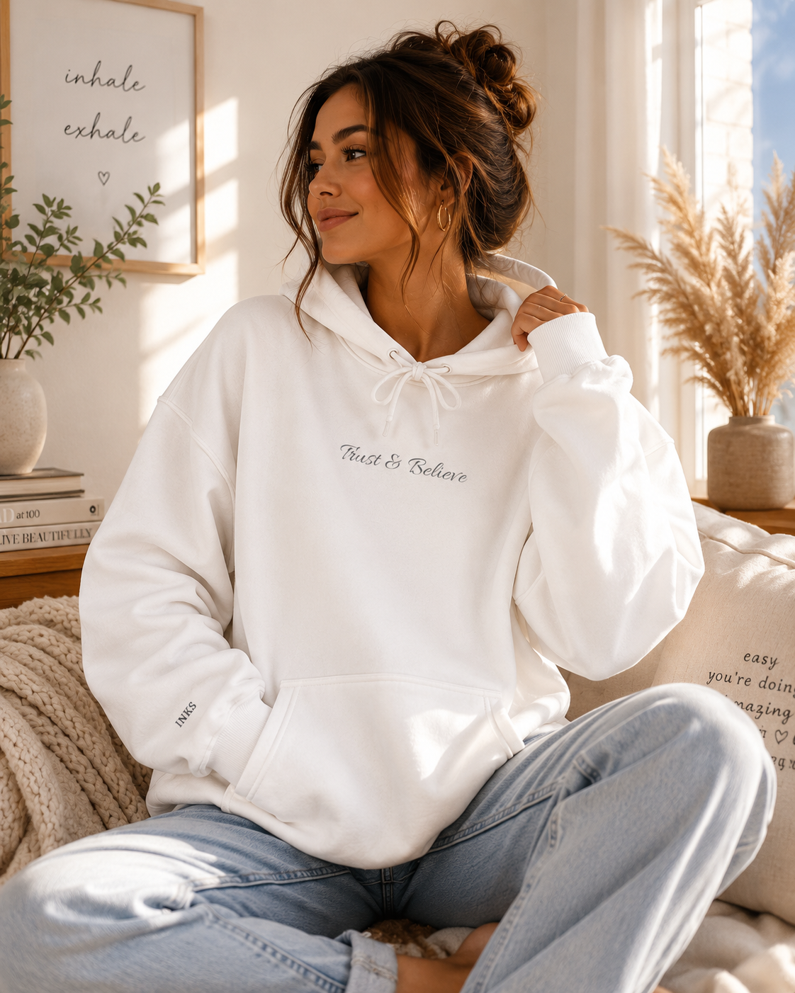 Trust & Believe Hoodie — Beach Palm Sunset Graphic Hooded Sweatshirt