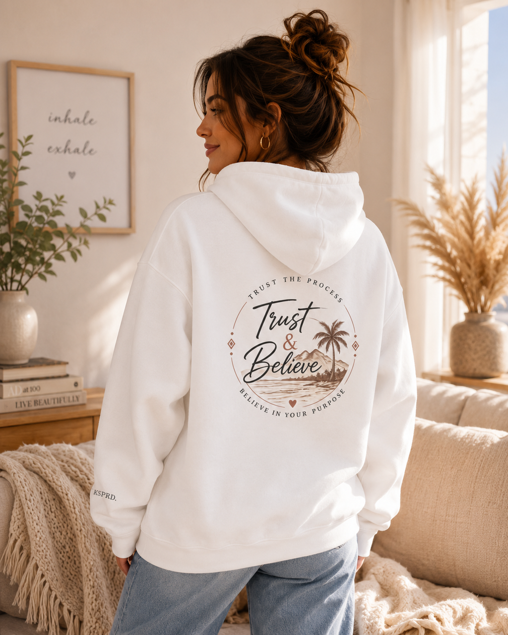 Trust & Believe Hoodie — Beach Palm Sunset Graphic Hooded Sweatshirt