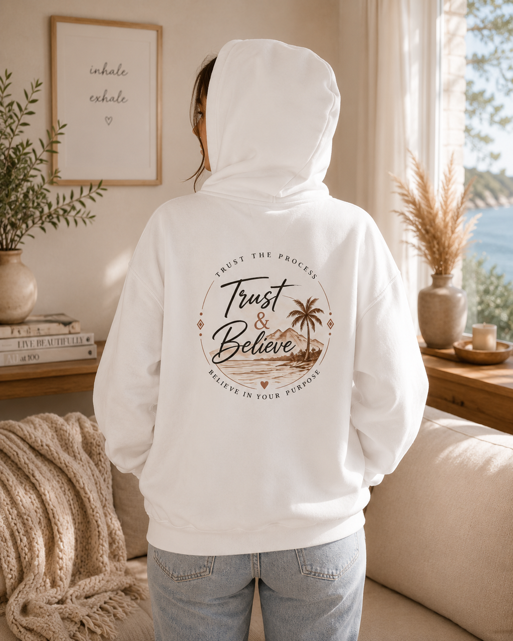 Trust & Believe Hoodie — Beach Palm Sunset Graphic Hooded Sweatshirt
