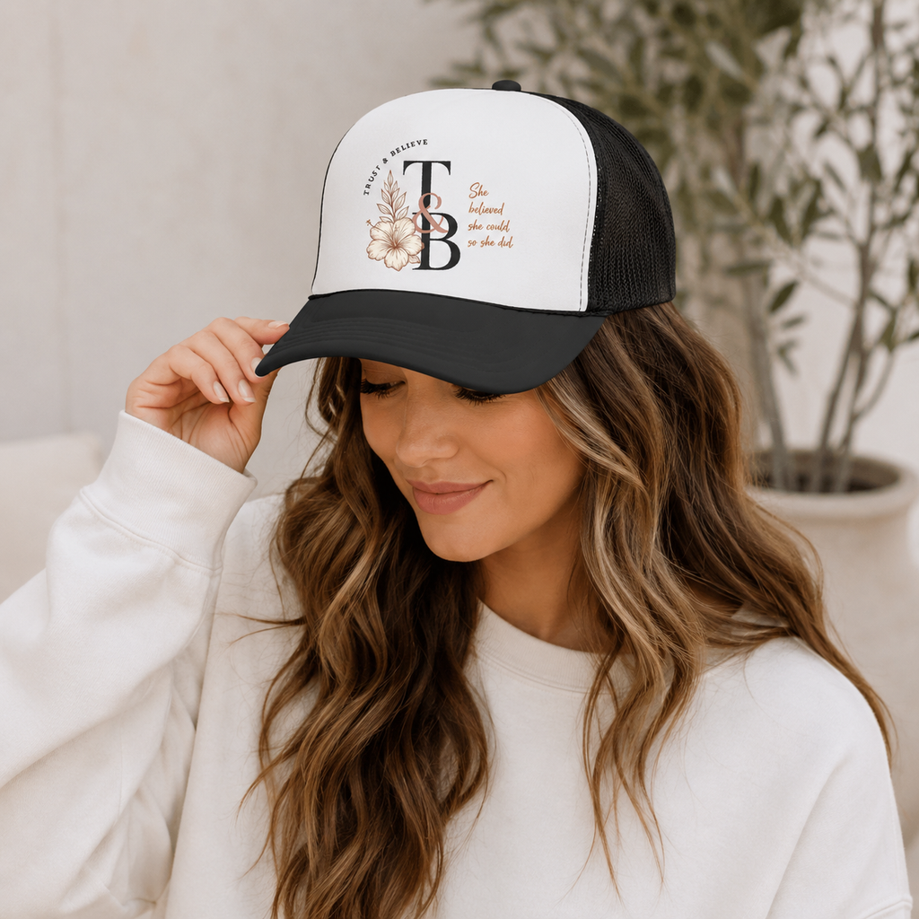 Trucker Hat — 'She Believed She Could So She Did' Floral Monogram