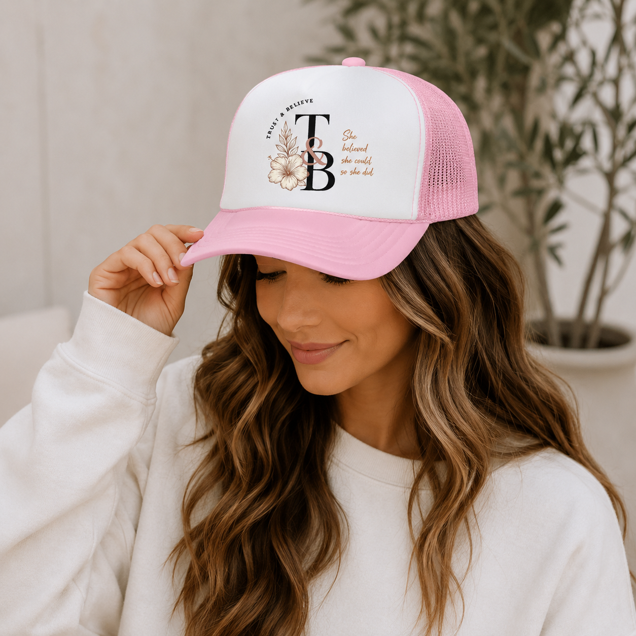 Trucker Hat — 'She Believed She Could So She Did' Floral Monogram