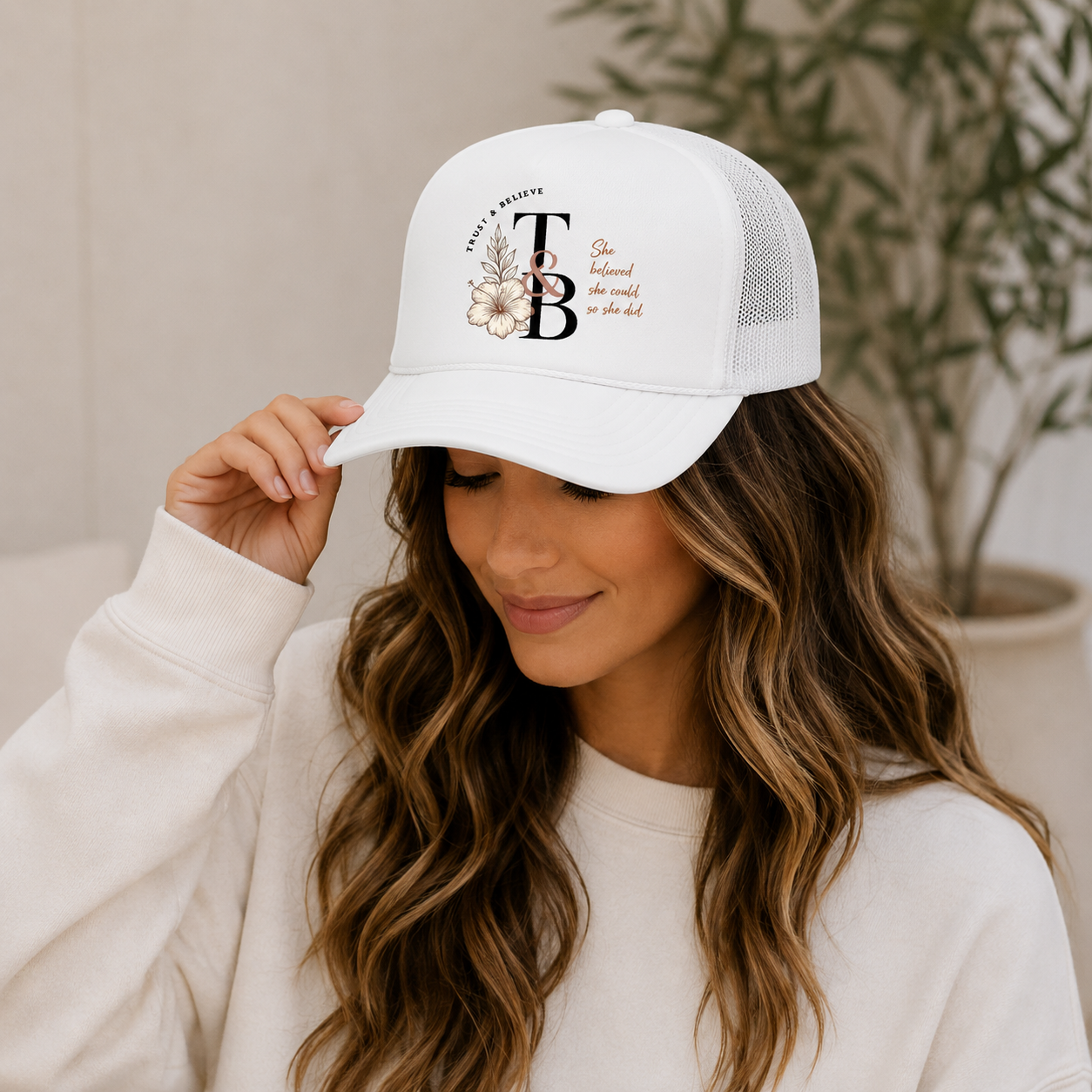 Trucker Hat — 'She Believed She Could So She Did' Floral Monogram