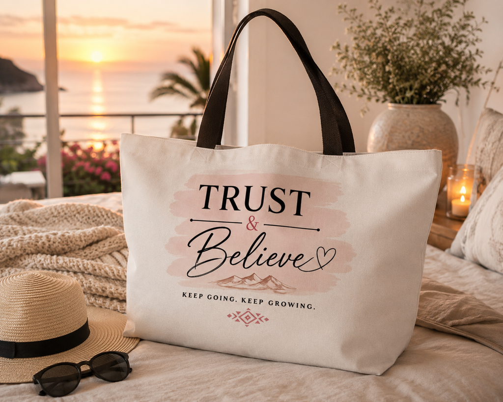 Weekender Tote Bag — "Trust & Believe" Inspirational Canvas Tote for Travel, Gym & Everyday