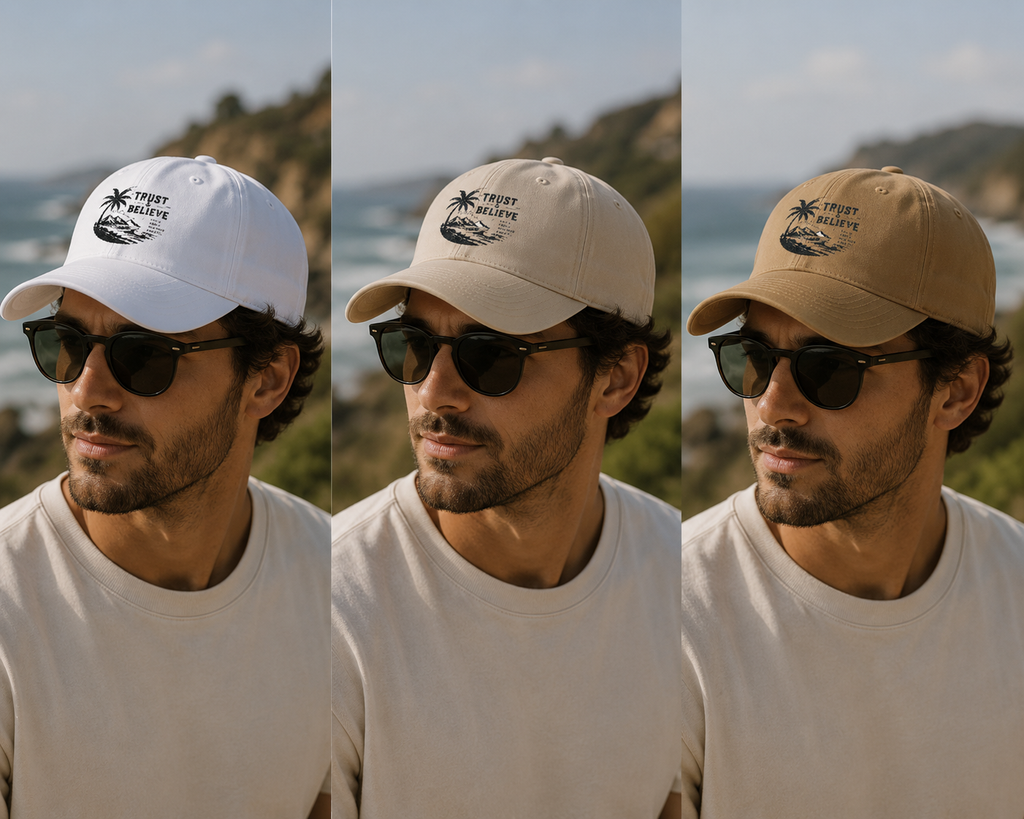 Dad Cap – "Trust & Believe" Palm Tree Wave Embroidered Hat
