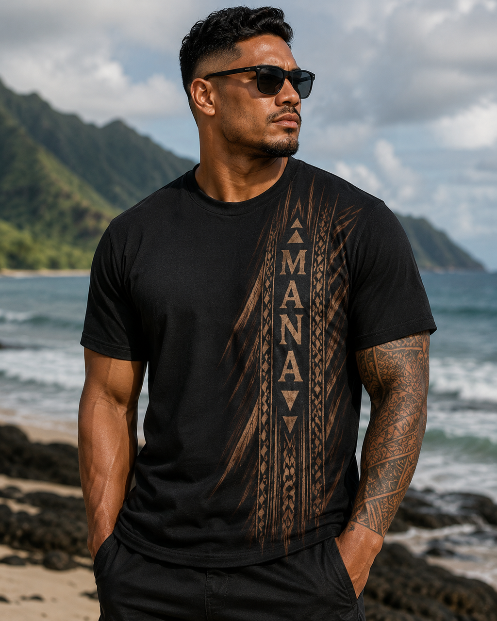 Tribal Mana Vertical Print Tee — Polynesian Tattoo Inspired AOP Shirt