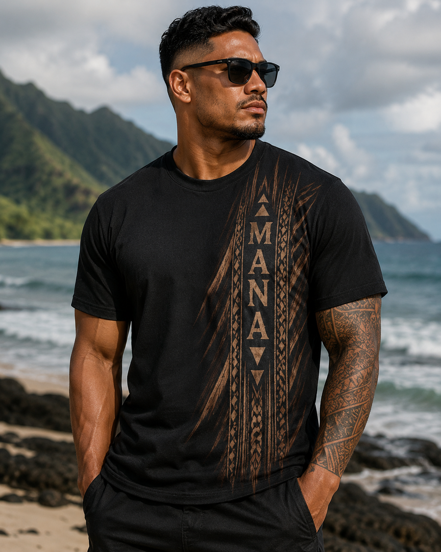 Tribal Mana Vertical Print Tee — Polynesian Tattoo Inspired AOP Shirt