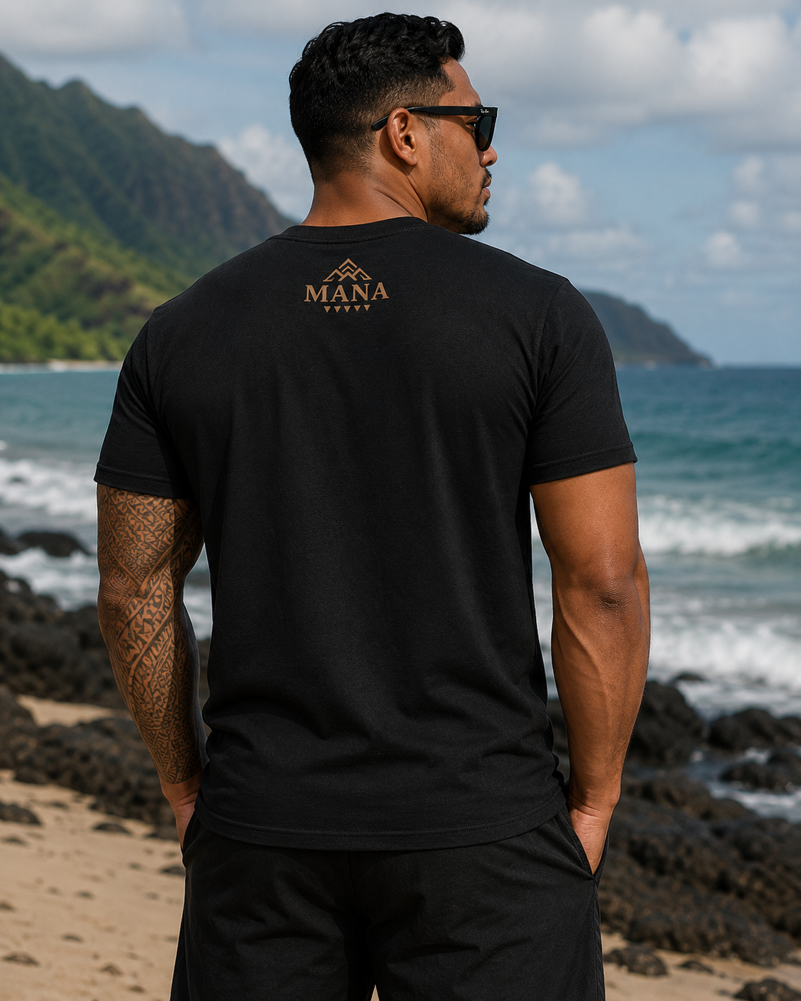 Tribal Mana Vertical Print Tee — Polynesian Tattoo Inspired AOP Shirt