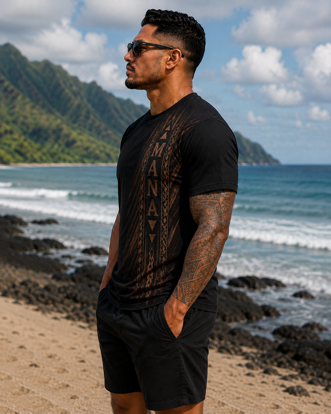 Tribal Mana Vertical Print Tee — Polynesian Tattoo Inspired AOP Shirt