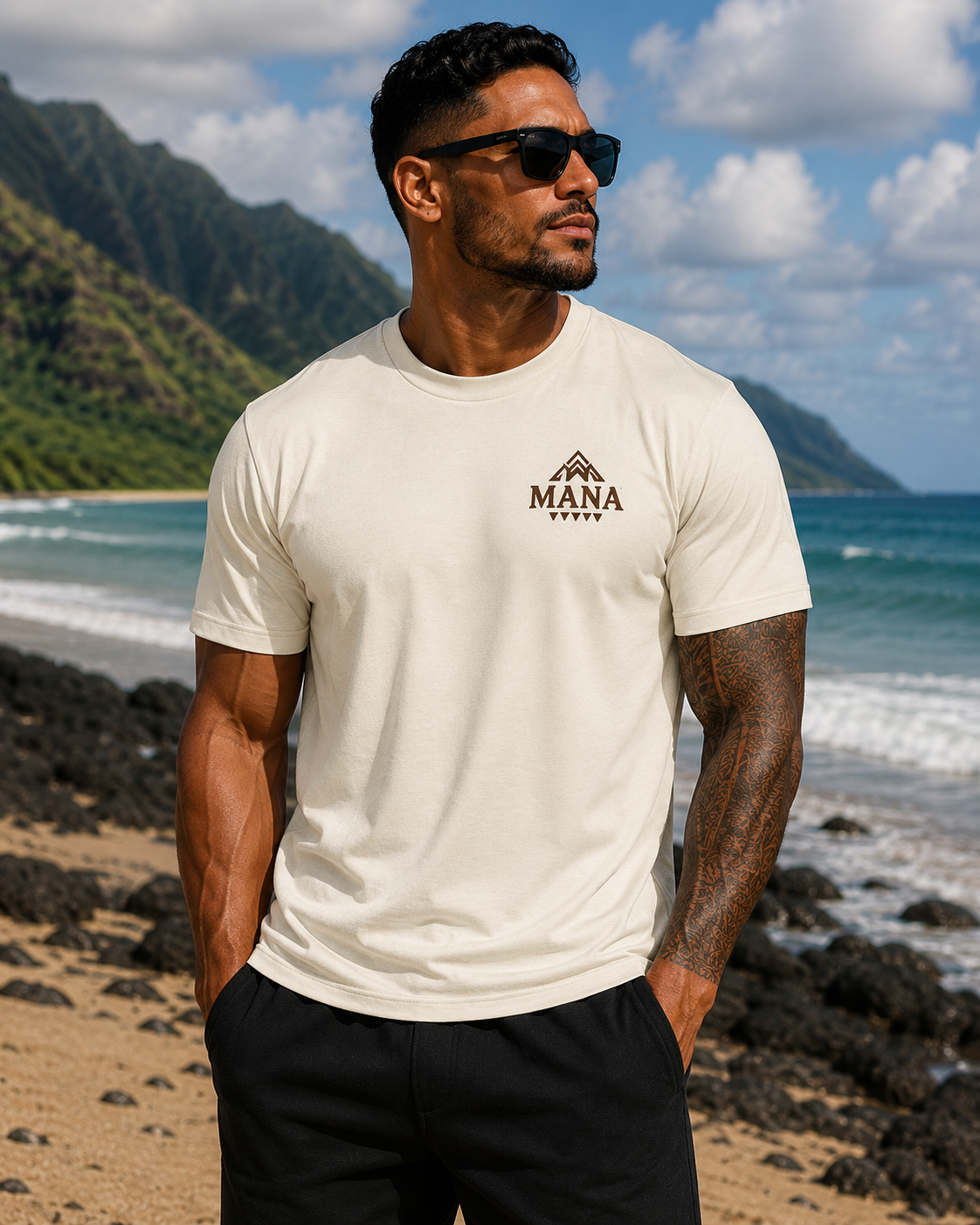 Warm Ivory Mana Mountain T‑Shirt — Rustic Adventure Logo Tee