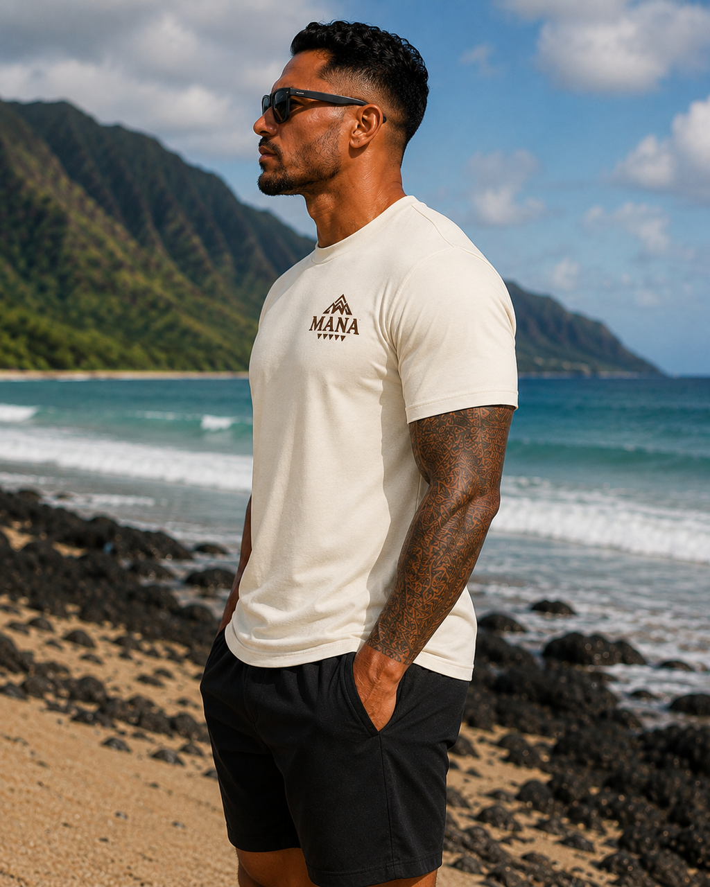 Warm Ivory Mana Mountain T‑Shirt — Rustic Adventure Logo Tee