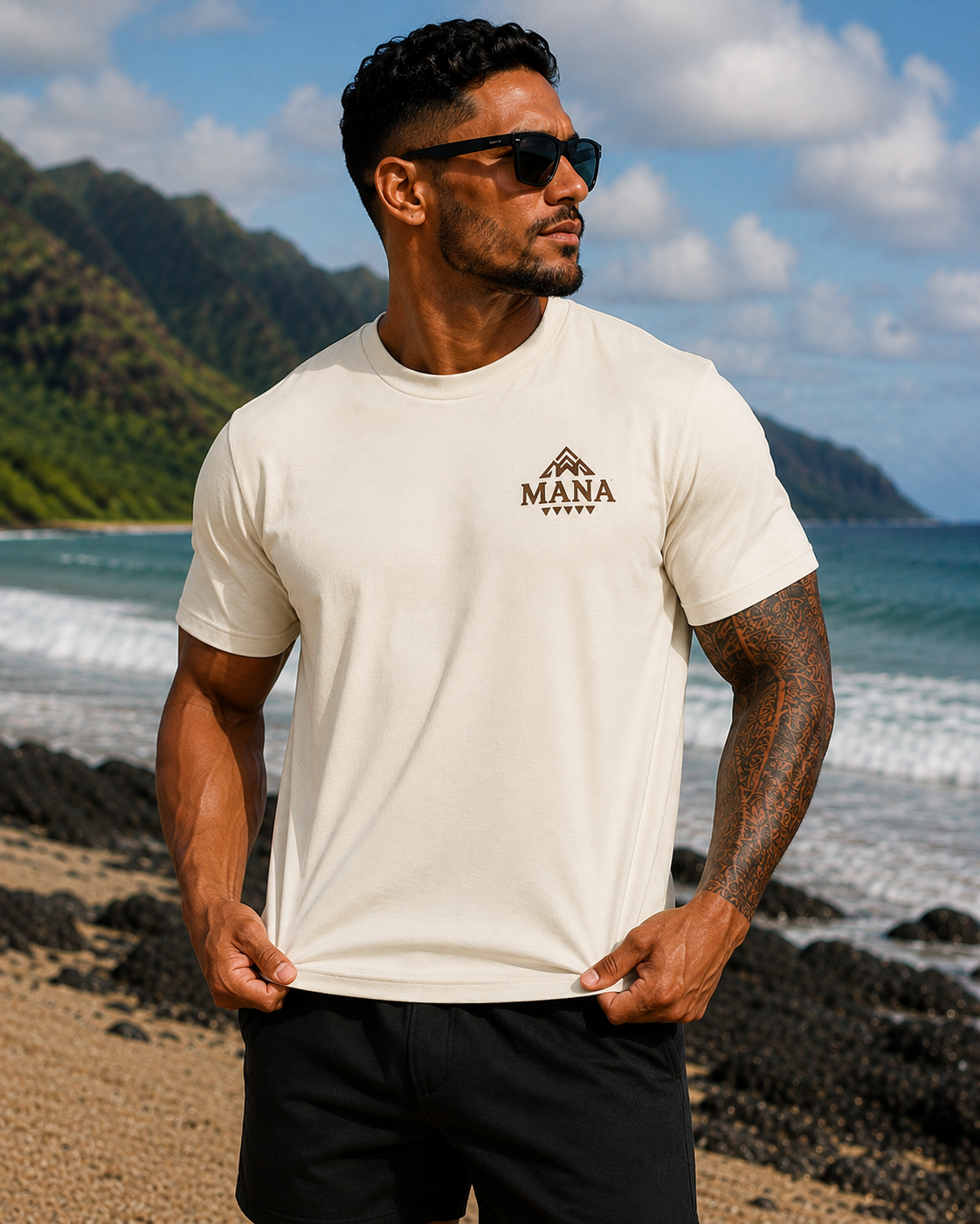 Warm Ivory Mana Mountain T‑Shirt — Rustic Adventure Logo Tee