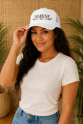 Wahine Trucker Hat — Pink Foam Mesh Cap with Island Floral Script