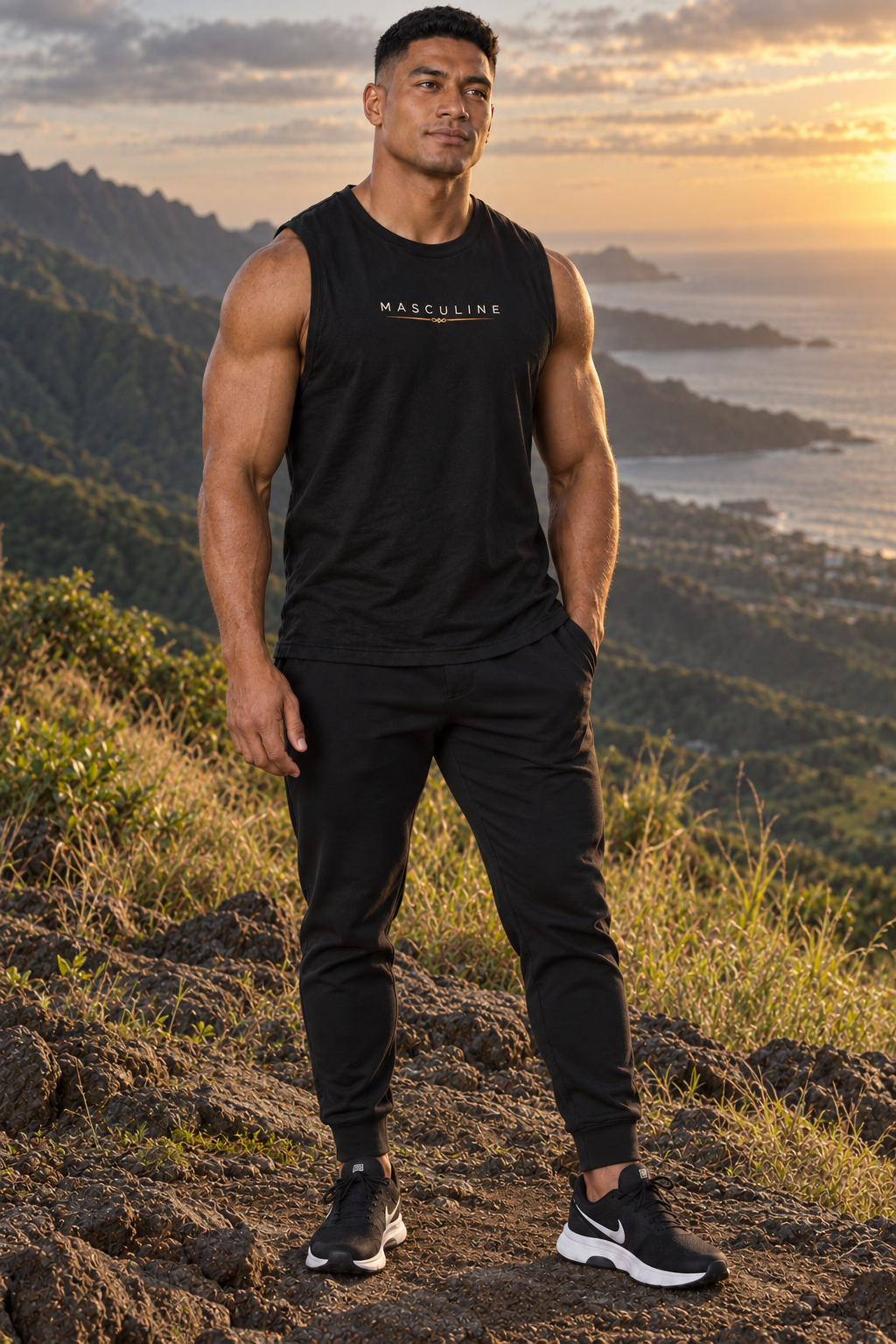 A muscular man stands on a rocky hillside at sunset wearing a black sleeveless athletic tank top with 'MASCULINE' printed in gold across the chest, paired with black jogger pants and black sneakers.