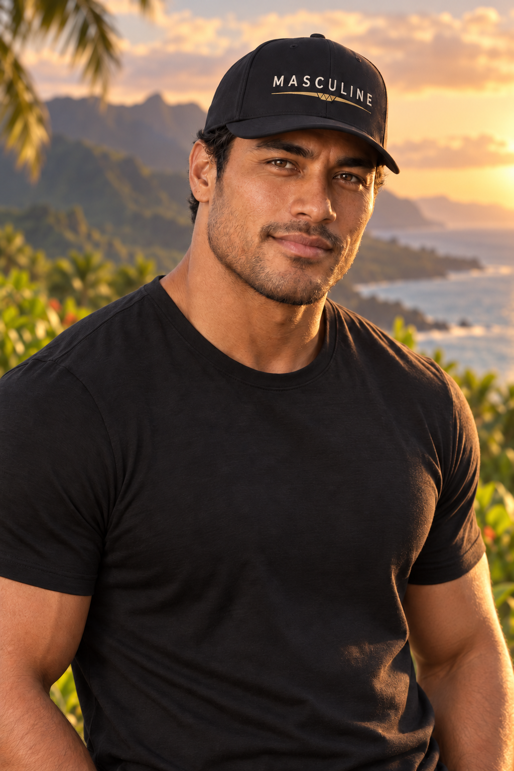 A man wearing a black t-shirt and a black baseball cap with 'MASCULINE' printed in white on the front, set against a tropical beach background at sunset.