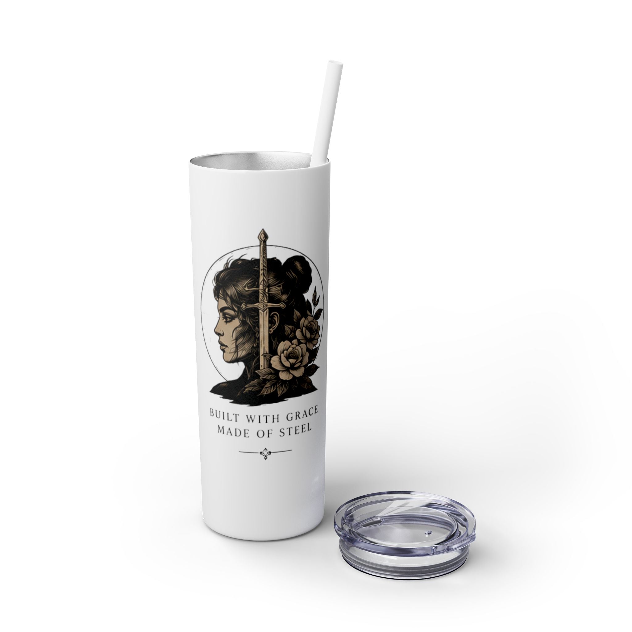 20oz Skinny Tumbler — “Built With Grace, Made of Steel” Warrior Woman Design