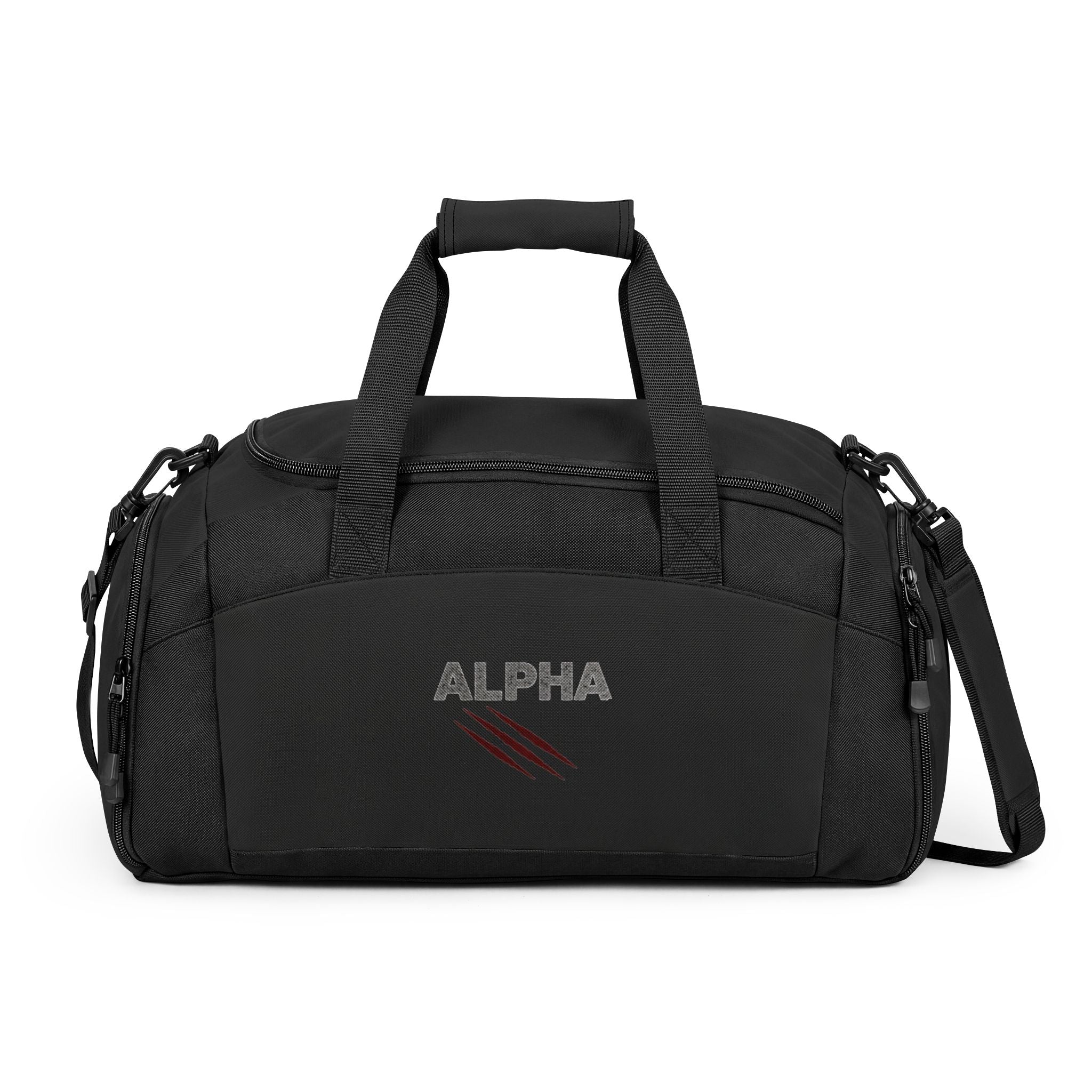 Alpha Gym Bag — Durable Black Duffle with 'ALPHA' Claw-Print Logo