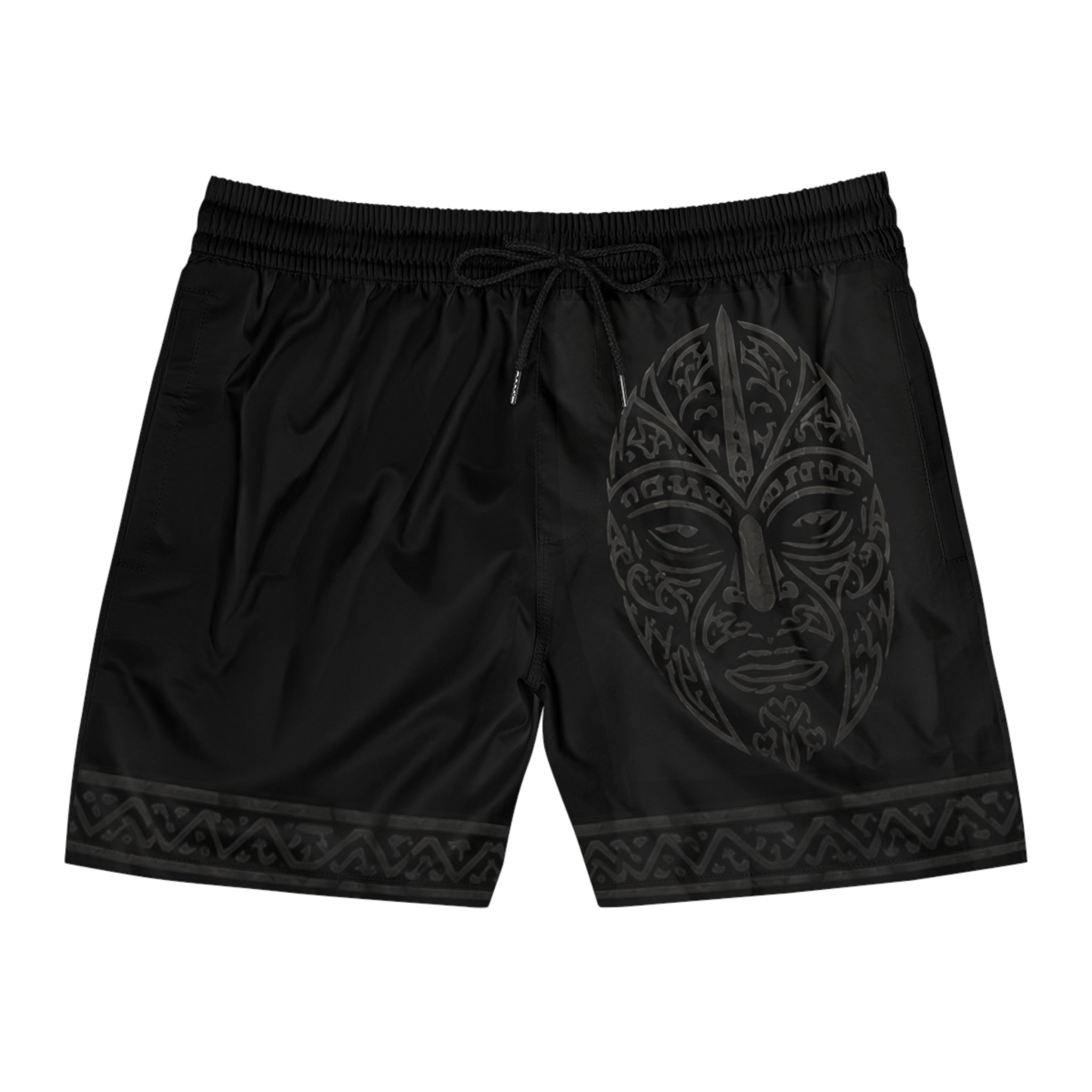 Island Warrior Tribal Mask Swim Shorts — Mid-Length Men’s Beach Trunks