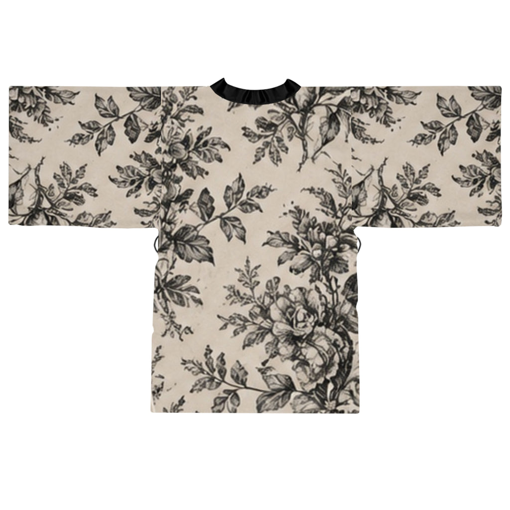 Floral Toile Kimono Robe — Long Sleeve Vintage Rose Lounge Jacket