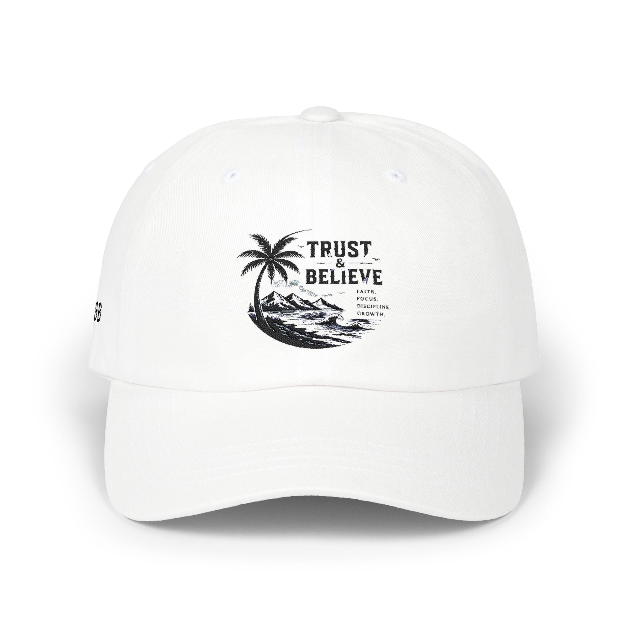Dad Cap – "Trust & Believe" Palm Tree Wave Embroidered Hat
