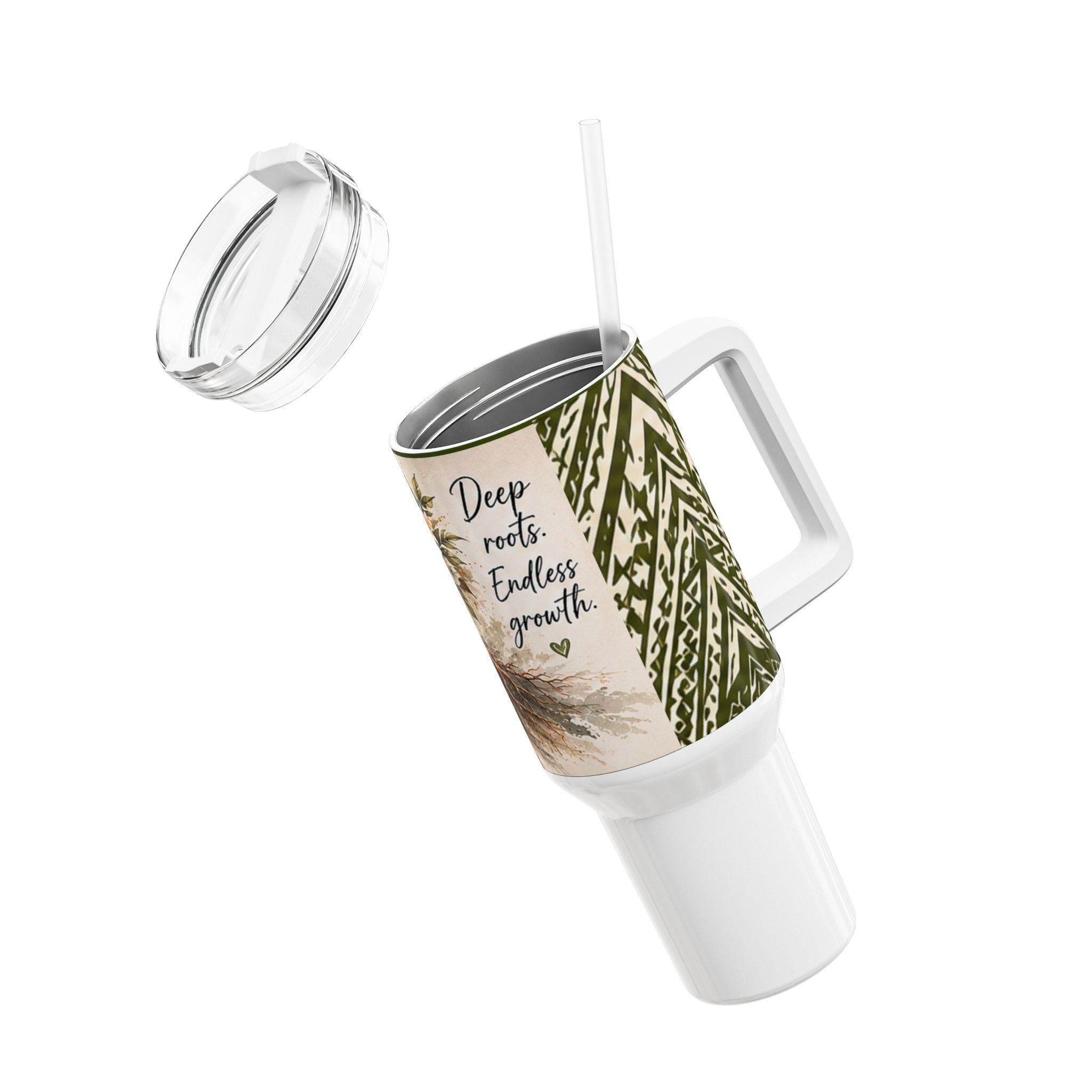 40oz Floral Roots Tumbler — “Deep Roots, Endless Growth” Mauna tribal design Travel Mug