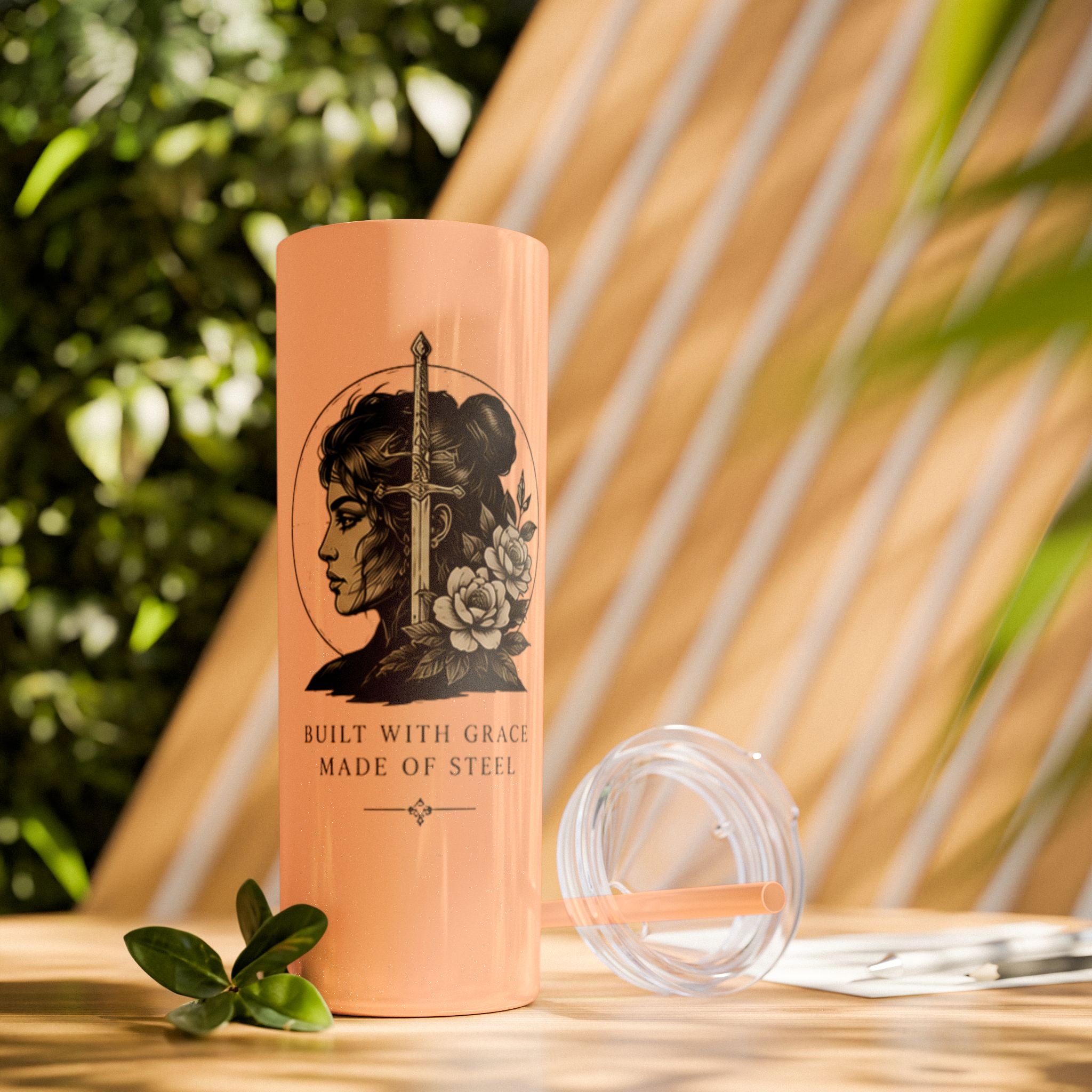 20oz Skinny Tumbler — “Built With Grace, Made of Steel” Warrior Woman Design
