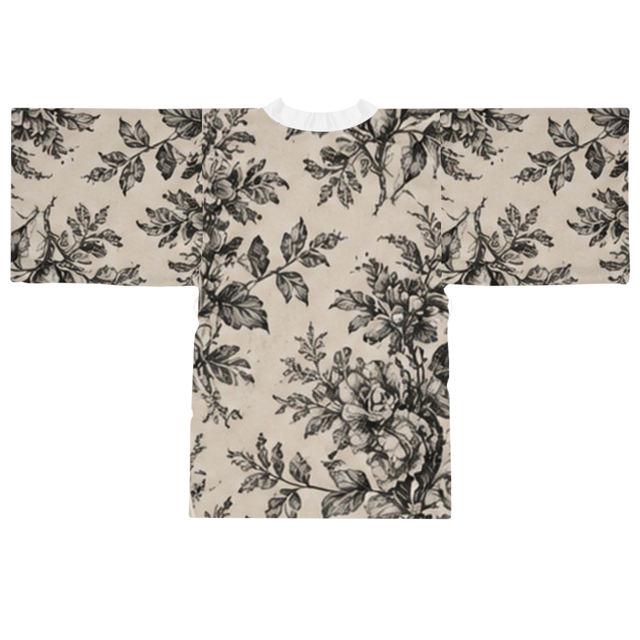 Floral Toile Kimono Robe — Long Sleeve Vintage Rose Lounge Jacket