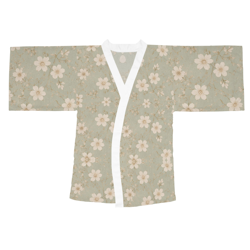 White Magnolia Kimono Robe – Floral Long Sleeve Robe
