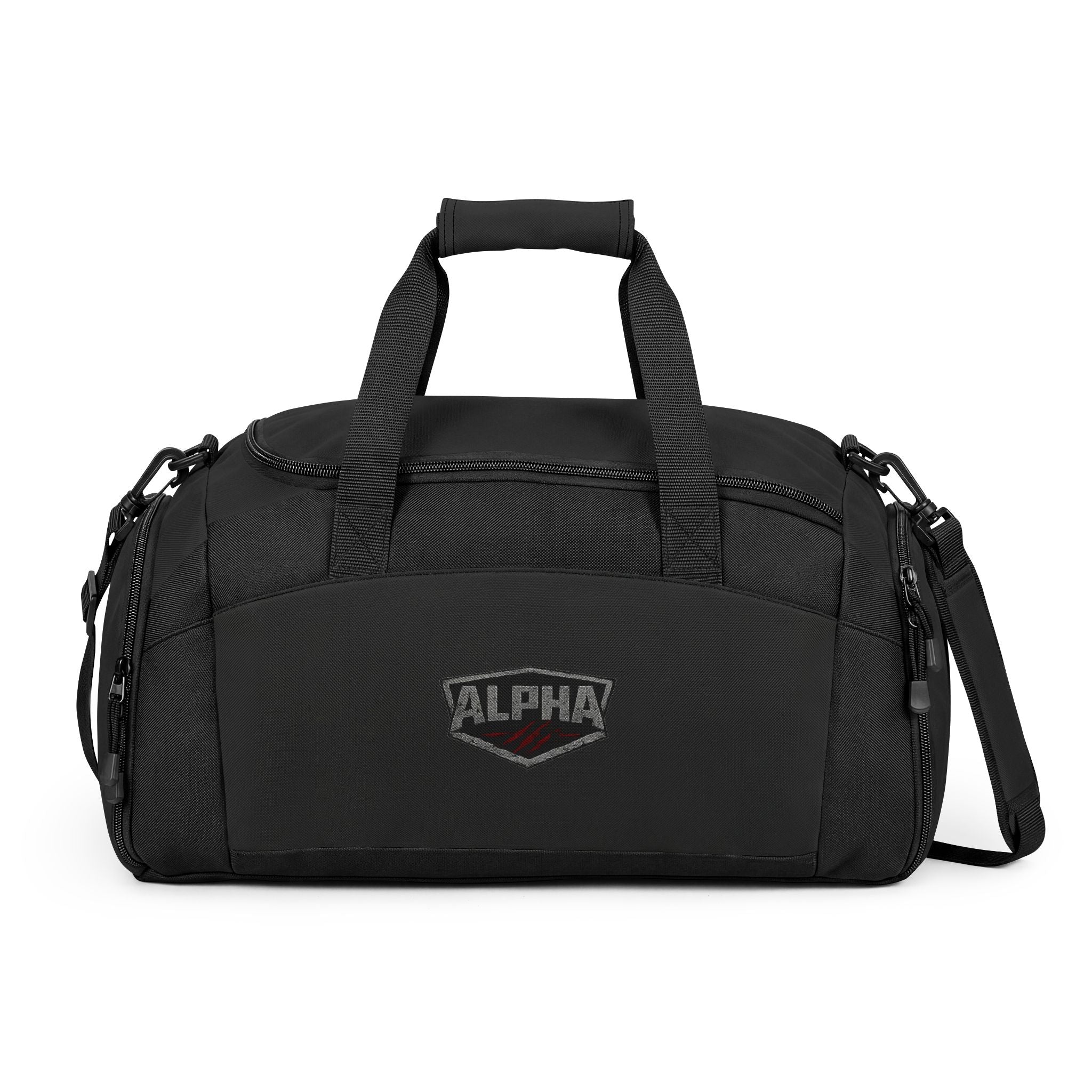 Alpha Emblem Gym Bag — Durable Black Workout Duffle