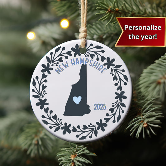 New Hampshire Floral State Ceramic Ornament with Customizable Year