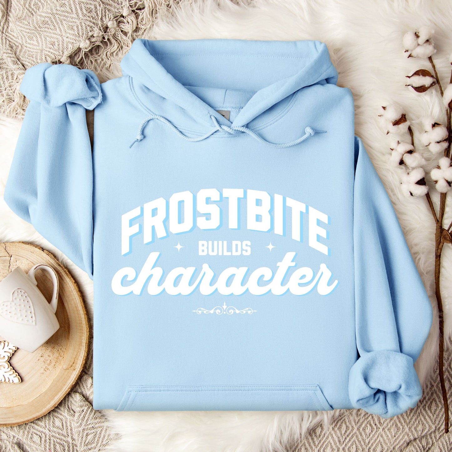 Novelty "Frostbite Builds Character" Hooded Sweatshirt - Winter Humor