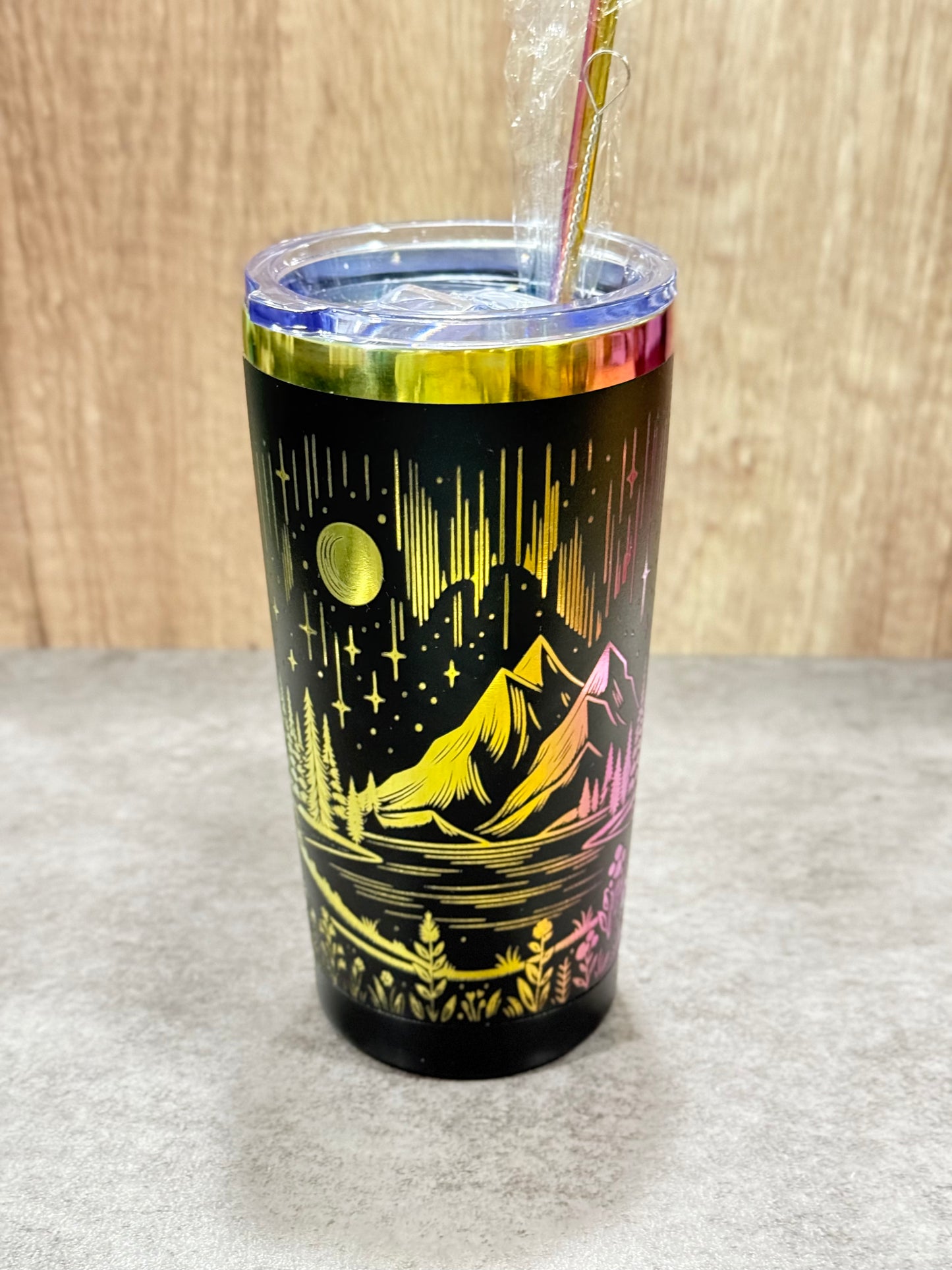 Aurora Forest Rainbow-Plated Engraved Tumbler with Lid & Straw – 20oz Stainless Steel Insulated Travel Mug