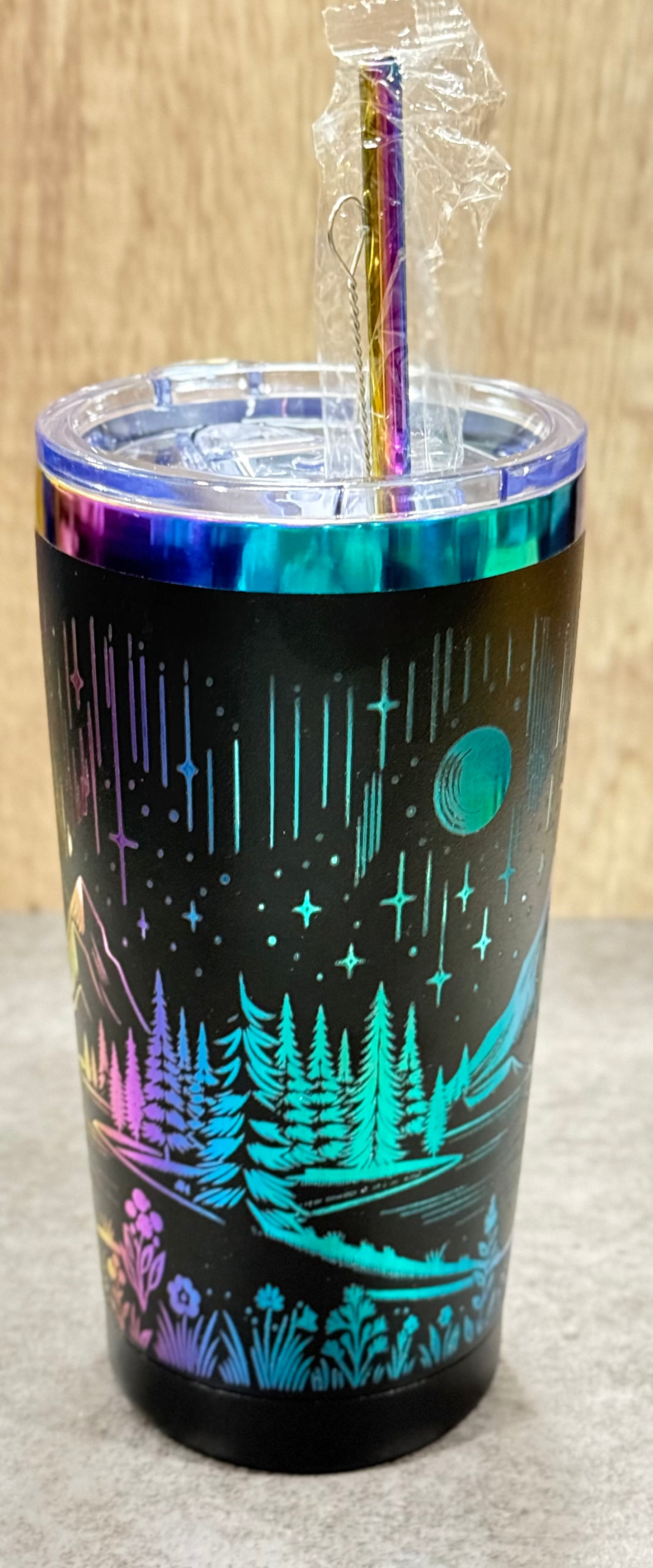 Aurora Forest Rainbow-Plated Engraved Tumbler with Lid & Straw – 20oz Stainless Steel Insulated Travel Mug