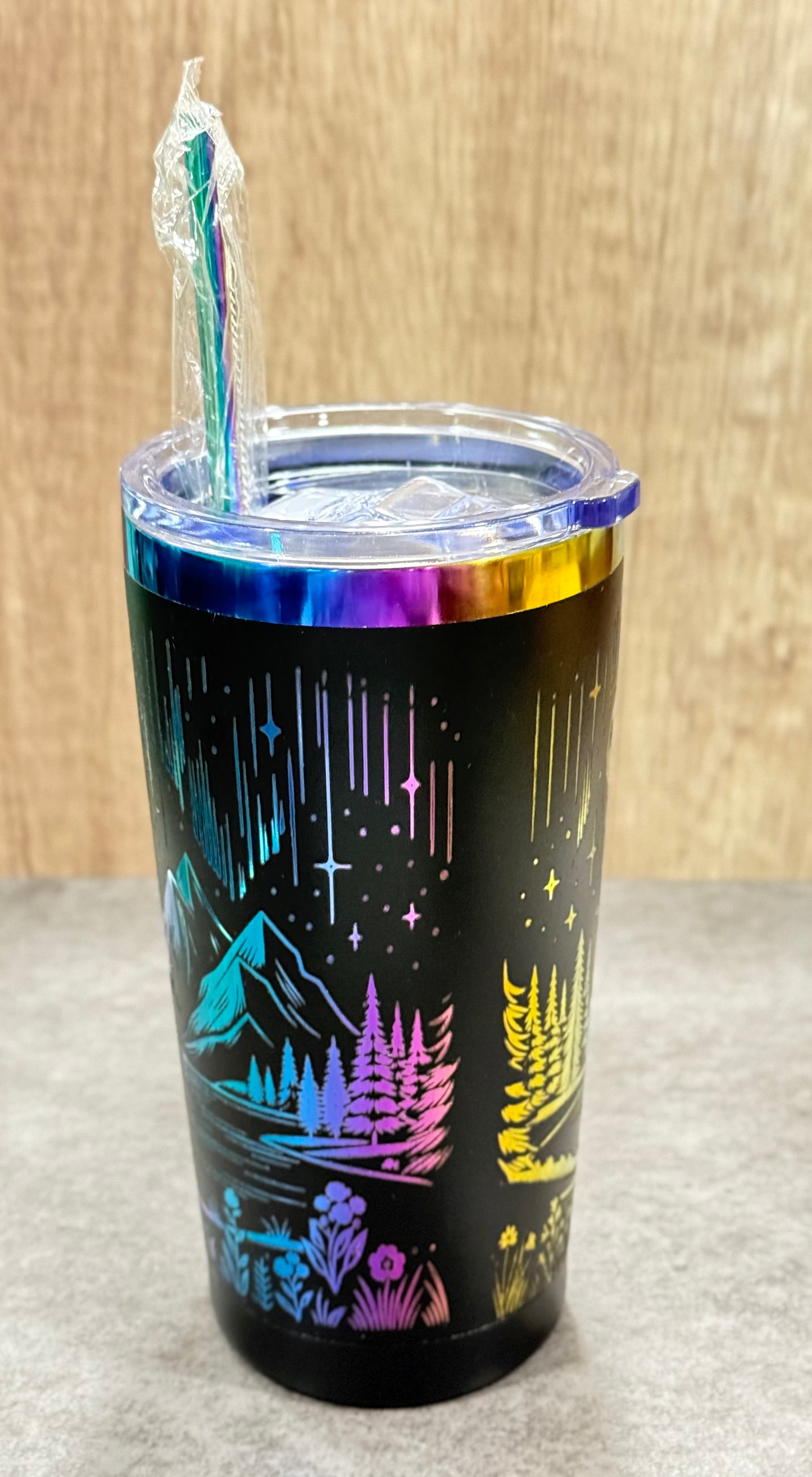 Aurora Forest Rainbow-Plated Engraved Tumbler with Lid & Straw – 20oz Stainless Steel Insulated Travel Mug