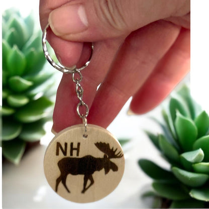 Engraved New Hampshire Moose Wooden Keychain – Rustic NH Souvenir