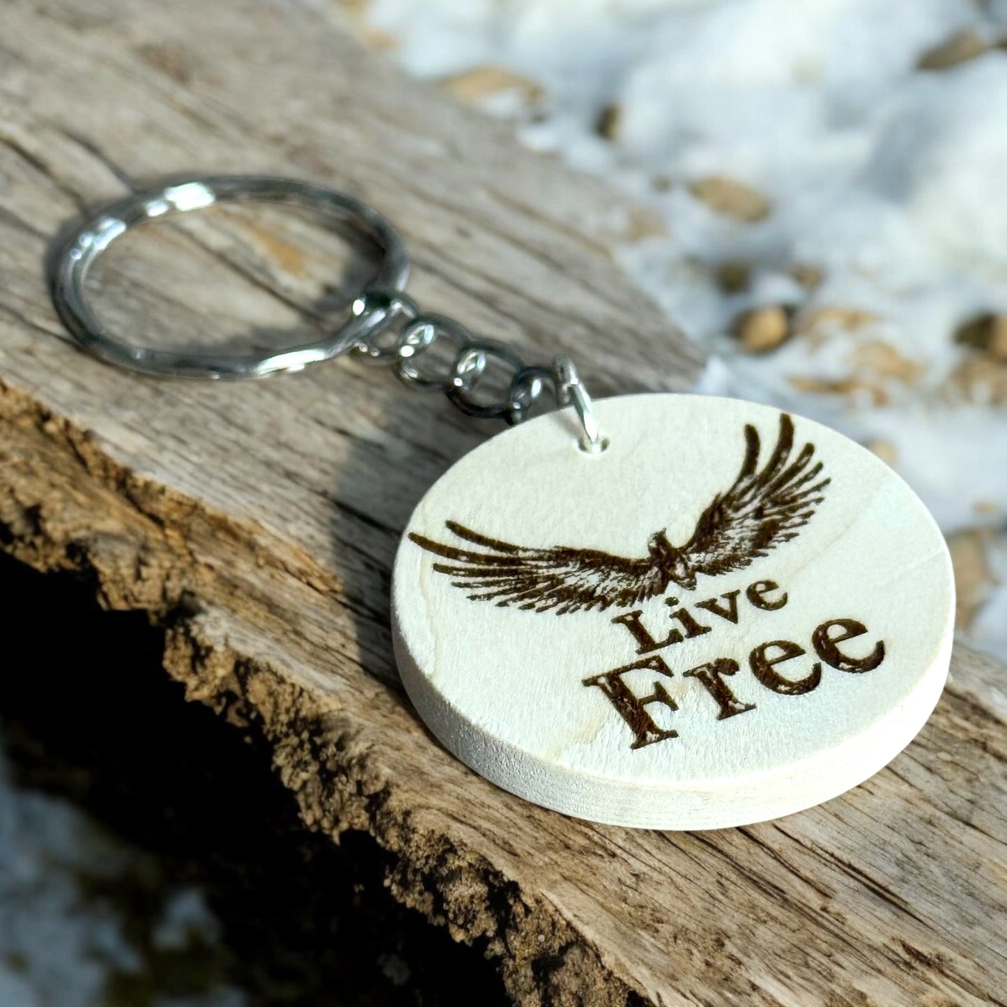 "Live Free" Engraved Wooden Keychain – New Hampshire Inspired