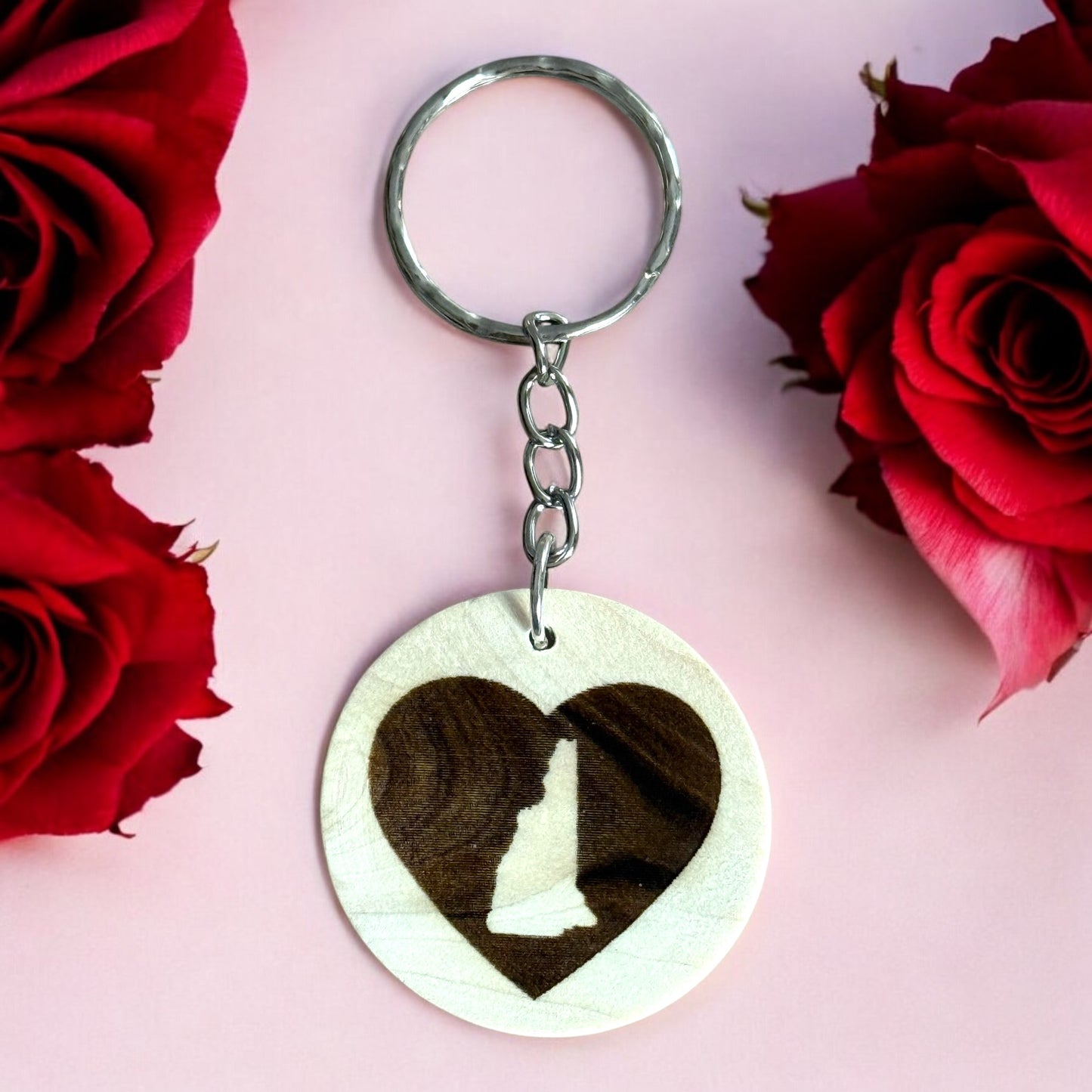 Engraved New Hampshire Heart Wooden Keychain – Handcrafted Keepsake