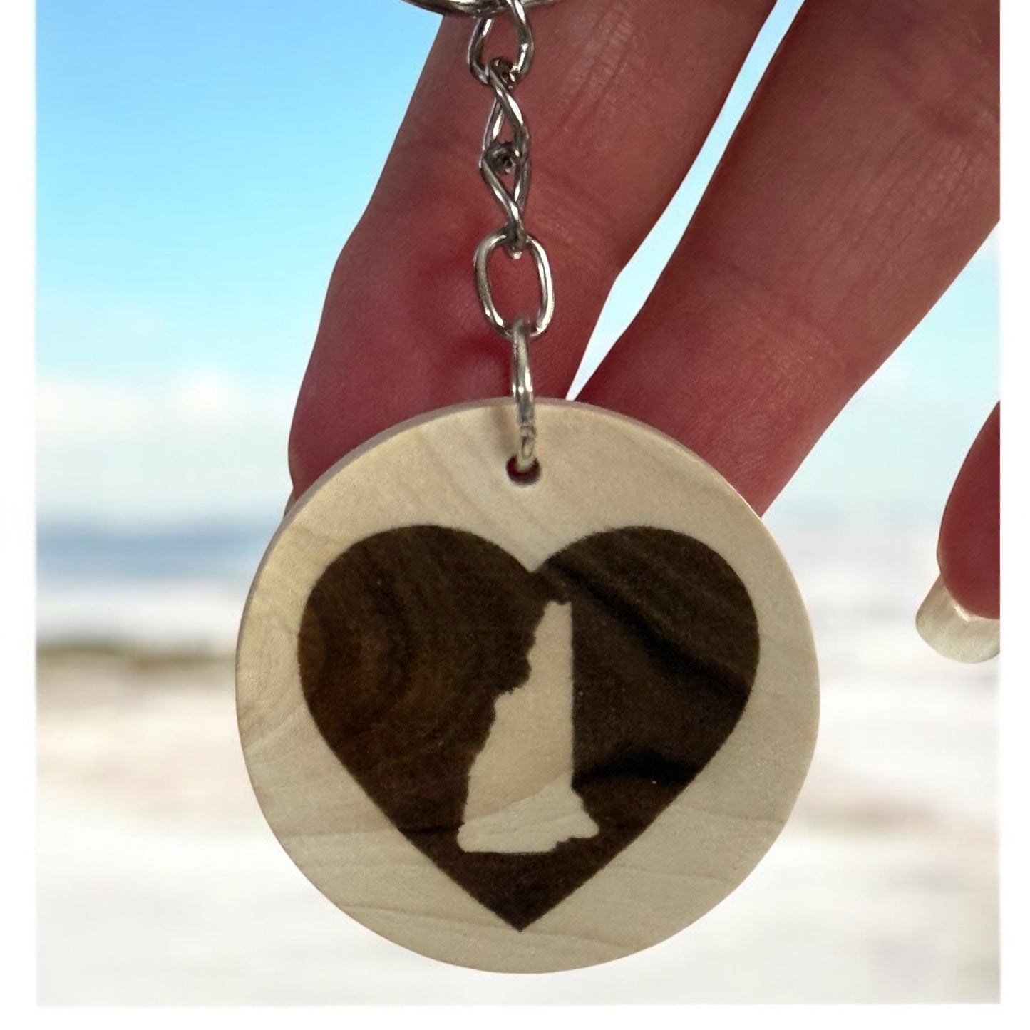 Engraved New Hampshire Heart Wooden Keychain – Handcrafted Keepsake