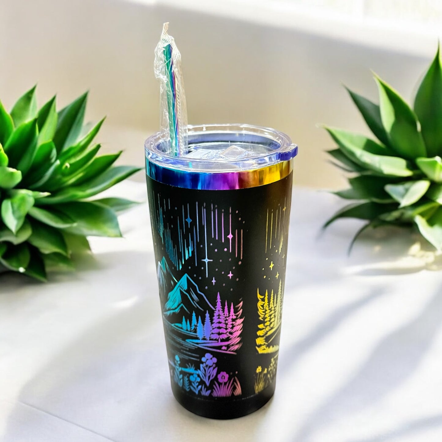 Aurora Forest Rainbow-Plated Engraved Tumbler with Lid & Straw – 20oz Stainless Steel Insulated Travel Mug